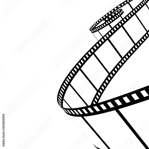 Black and white illustration of a curved film strip, suitable for designs related to movies and cinematography. Vector illustration on white