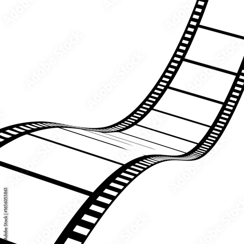 Black and white illustration of a curved film strip, suitable for designs related to movies and cinematography. Vector illustration on white