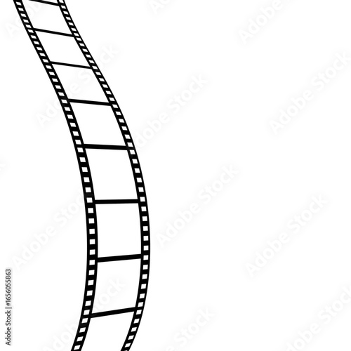 Black and white illustration of a curved film strip, suitable for designs related to movies and cinematography. Vector illustration on white