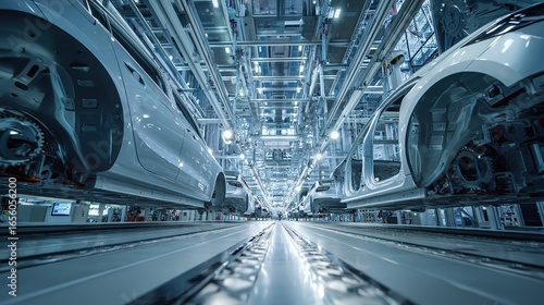 Automotive Assembly Line in a High - Tech Manufacturing Facility with Modern Machinery and Lighting for Industrial Design and Engineering Projects