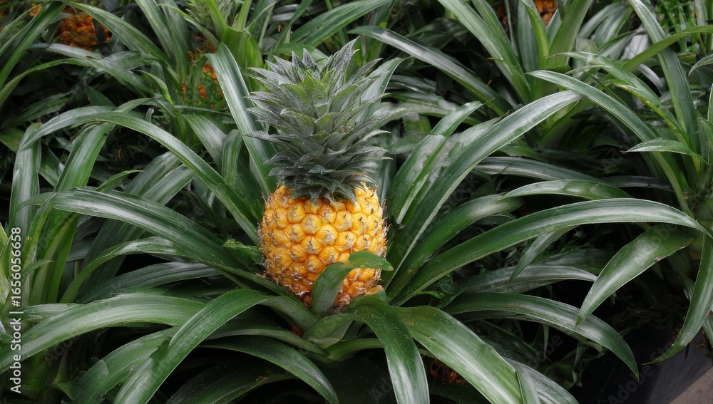 Obraz premium The ‘Tropical Delight’ artwork showcases a colorful and intricate rendering of a ripe pineapple, accentuating its textured outer layer and vibrant green leaves as a metaphor for the richness and