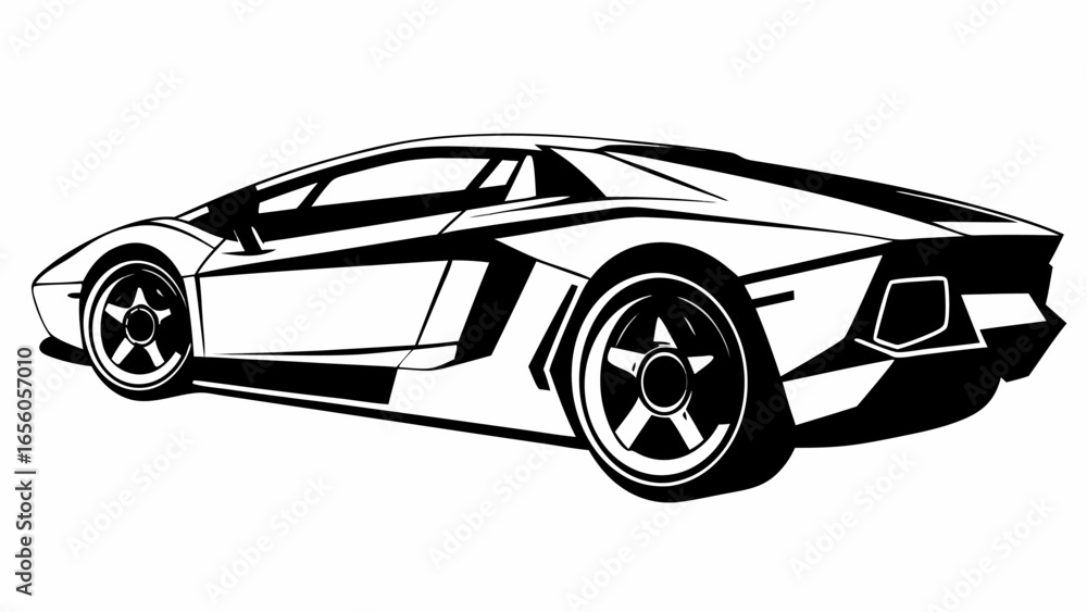 Naklejka premium Illustration of a sleek black and white sports car with detailed wheels and sharp body lines design view silhouette