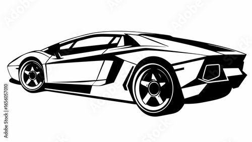Illustration of a sleek black and white sports car with detailed wheels and sharp body lines design view silhouette