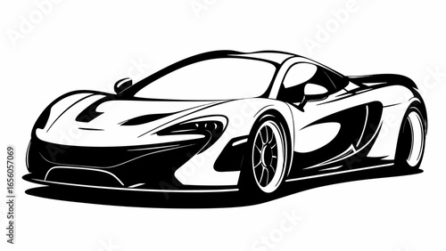 Illustration of a sleek black and white sports car with aerodynamic design and prominent wheels drawn silhouette