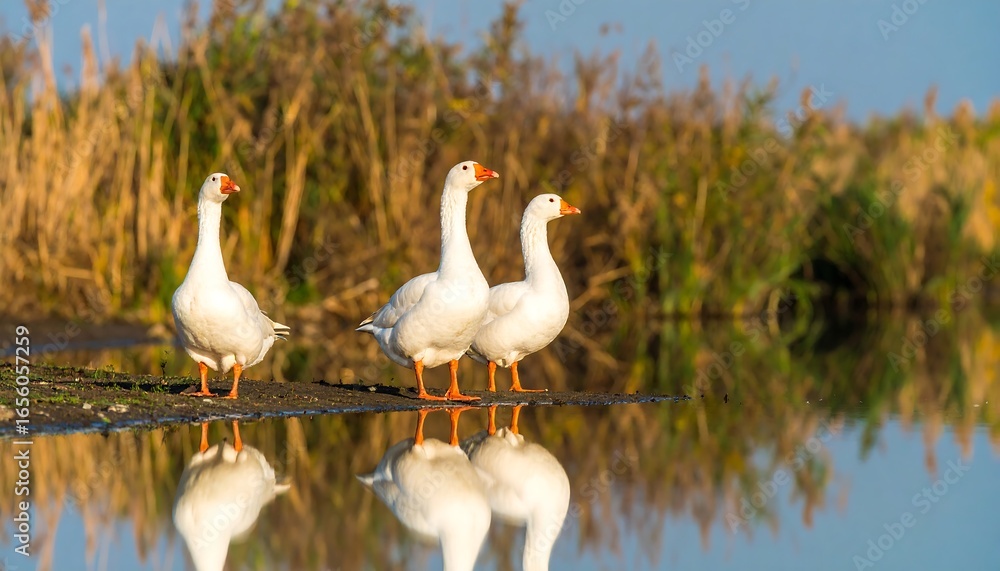 Obraz premium Four white geese stand in a row by calm water, reflected perfectly, with tall grasses behind them