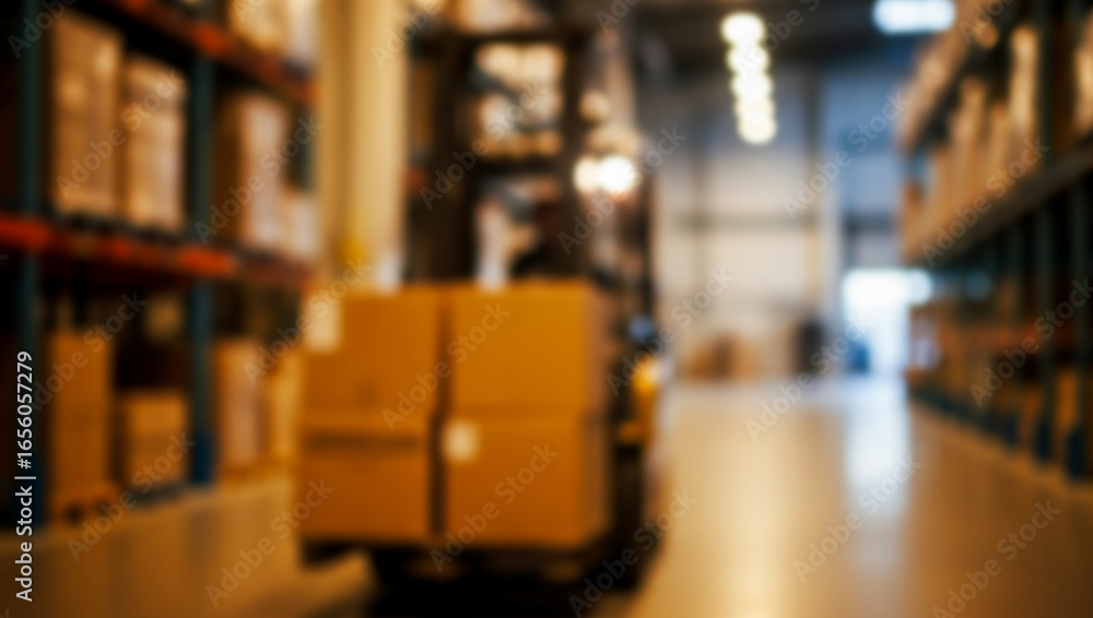 Obraz premium Blurred forklift carries boxes in a warehouse with shelves and bright lighting, illustrating the nonstop logistics, storage, and industrial energy of supply chains.