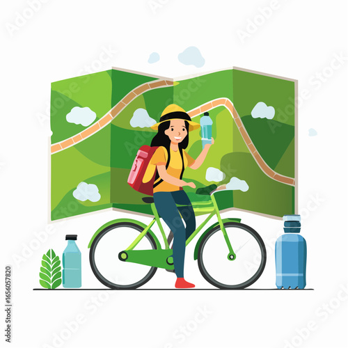 Eco-travel vector icon set with backpacker, bicycle, reusable bottle, and map. Minimal flat style perfect for sustainable travel, adventure, and tourism projects.