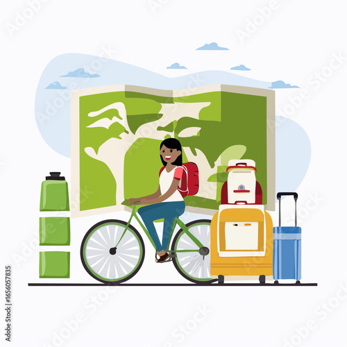 Eco-travel vector icon set with backpacker, bicycle, reusable bottle, and map. Minimal flat style perfect for sustainable travel, adventure, and tourism projects.