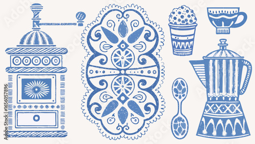 Blue kitchenware illustration with coffee grinder, coffee maker, cup and spoon on a white background silhouette