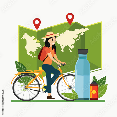 Eco-travel vector icon set with backpacker, bicycle, reusable bottle, and map. Minimal flat style perfect for sustainable travel, adventure, and tourism projects.