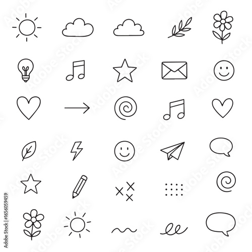  Vector illustration featuring a minimalist icon set representing various concepts like sun, clouds, music, and communication. Ideal for web design, apps, and presentations.