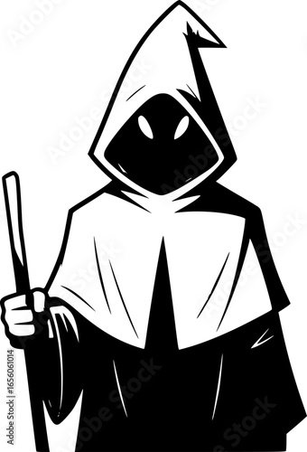 a person wearing a white pointed hood and robe, carrying a stick, vector