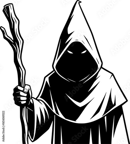 a person wearing a white pointed hood and robe, carrying a stick, vector