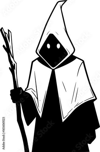 a person wearing a white pointed hood and robe, carrying a stick, vector