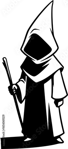 a person wearing a white pointed hood and robe, carrying a stick, vector