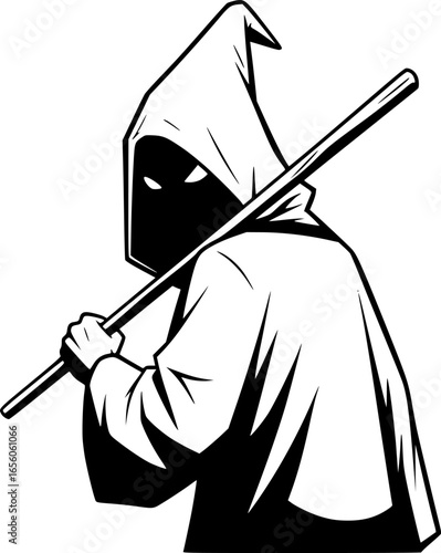 a person wearing a white pointed hood and robe, carrying a stick, vector
