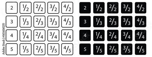 Set of Math Fraction Symbol icon Black and White Color Vector Illustration.