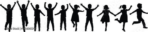 Happy children silhouette, kids jumping, running, holding hands, playing, childhood fun, active youth, vector black clipart, isolated illustration, joy