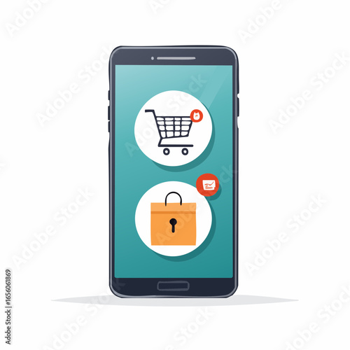 Online shopping vector illustration showing smartphone with shopping cart, payment security, and delivery icons. Clean flat style perfect for e-commerce and digital business.