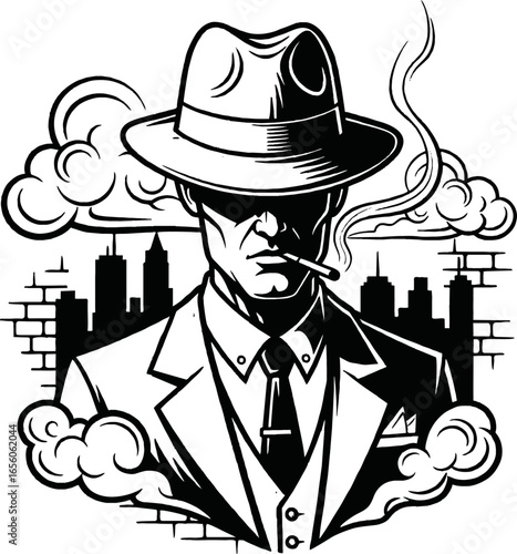 A stylized illustration of a gangster in a fedora, smoking a cigarette, set against a city backdrop.