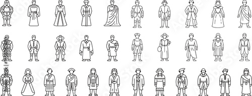 Historical Costumes Line Icons Set. Vintage, Traditional, Medieval, Retro. Vector Illustration