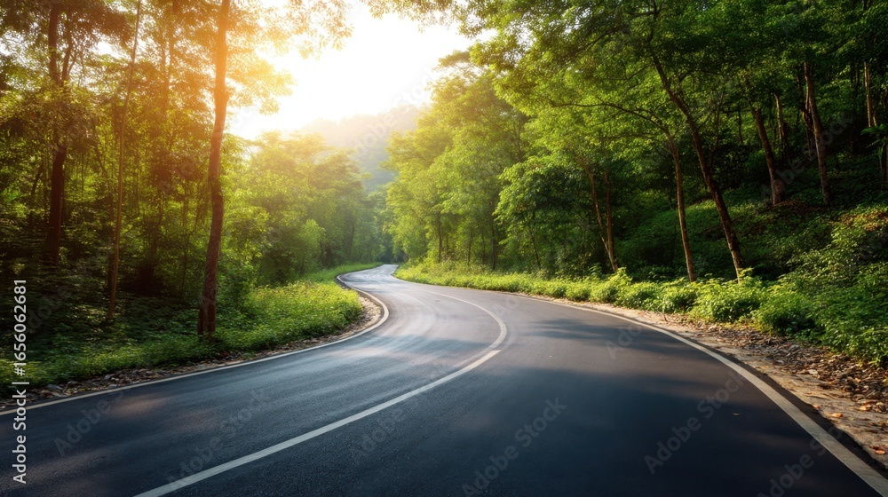 Fototapeta premium Winding asphalt road through a lush green forest with bright morning sun rays. Nature's path for travel and journey concept.