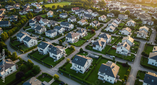 Drone aerial shot of a gated residential community with organized rows of modern houses, landscaped gardens, and private roads. Captured in sunny weather.