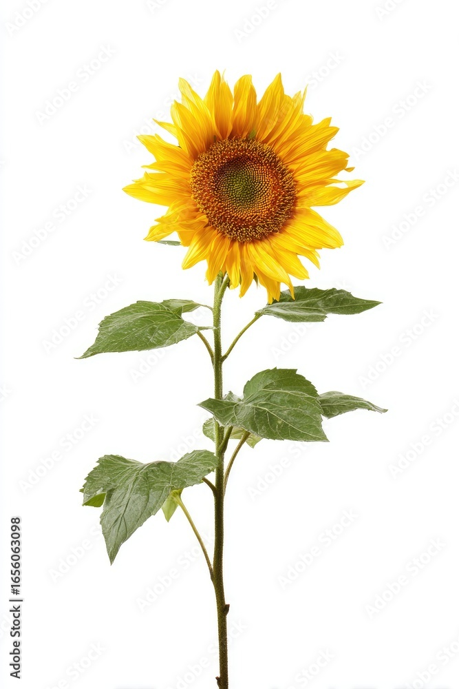Fototapeta premium Single sunflower, vibrant yellow, against white