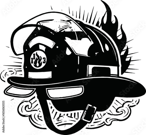 A black and white illustration of a firefighter's helmet with flames and smoke.