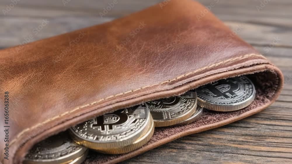 Bitcoins stored in a leather wallet on a wooden table Bitcoins stored in a leather wallet on a wooden table