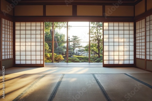 Japanese room with garden view through door