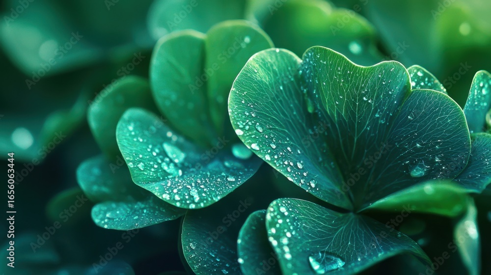 Obraz premium Close up of green leaves with water drops. Natural background of plant foliage with morning dew. Concept of freshness and growth for nature design.