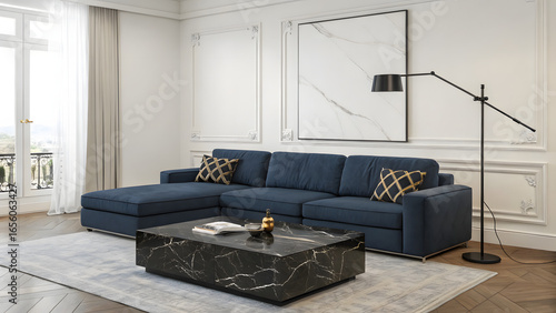 Modern living room with navy blue sectional sofa and marble coffee table
