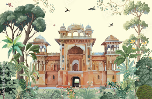 Traditional Indian Mughal Wedding Invitation Card Design. Mughal Garden Illustration, Mughal Wallpaper.