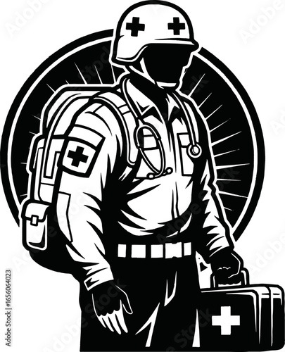 Black and white illustration of a military medic carrying a medical bag and backpack.