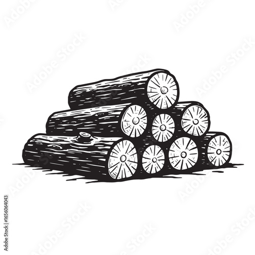 A stack of hand drawn black and white firewood logs on a white background