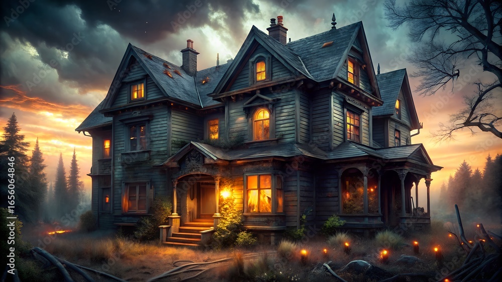 Fototapeta premium Creepy Abandoned House with Broken Windows and Glo