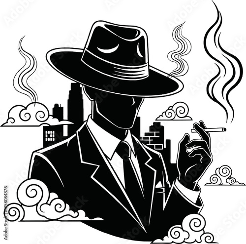 Stylized black and white illustration of a mysterious man in a fedora hat smoking a cigarette against a city skyline.