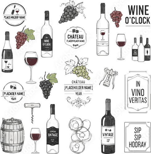 Isolated a kinds of deferent Wine. Grapes. Logo, label. Typography posters design. Simple pencil drawing. Set of flat vector illustrations. Print, banner, label, cover or t-shirt. vector art.