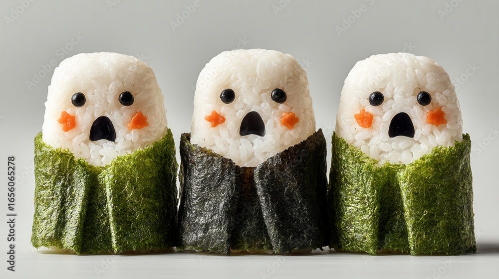 Obraz premium Halloween food concept. Three ghost-shaped rice balls with surprised expressions.