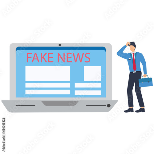 Confused businessman reacts to fake news headlines on laptop screen, conveying information overload and disbelief.