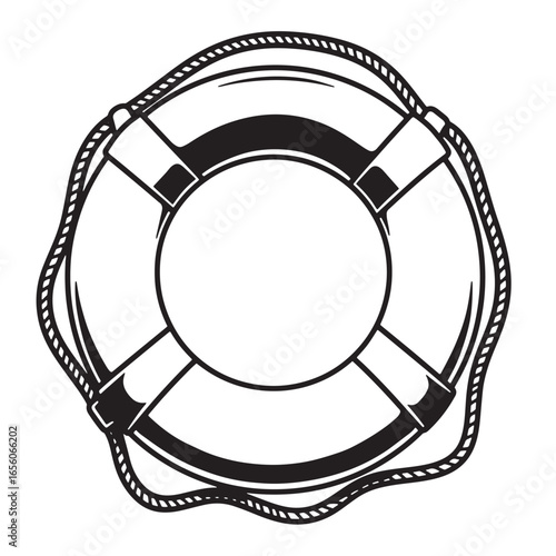 Black and white nautical illustration depicting a classic lifebuoy with rope detailing