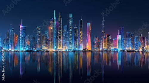 Nighttime Cityscape with Neon-Lit Skyscrapers and Water Reflection