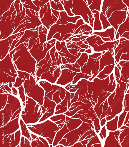 Decorative abstract design featuring intricate white branching patterns on a rich red background, resembling veins or neural networks, surface design.
