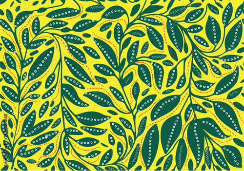 A vibrant yellow background adorned with intricate green leaf patterns and dotted lines, surface design print pattern.