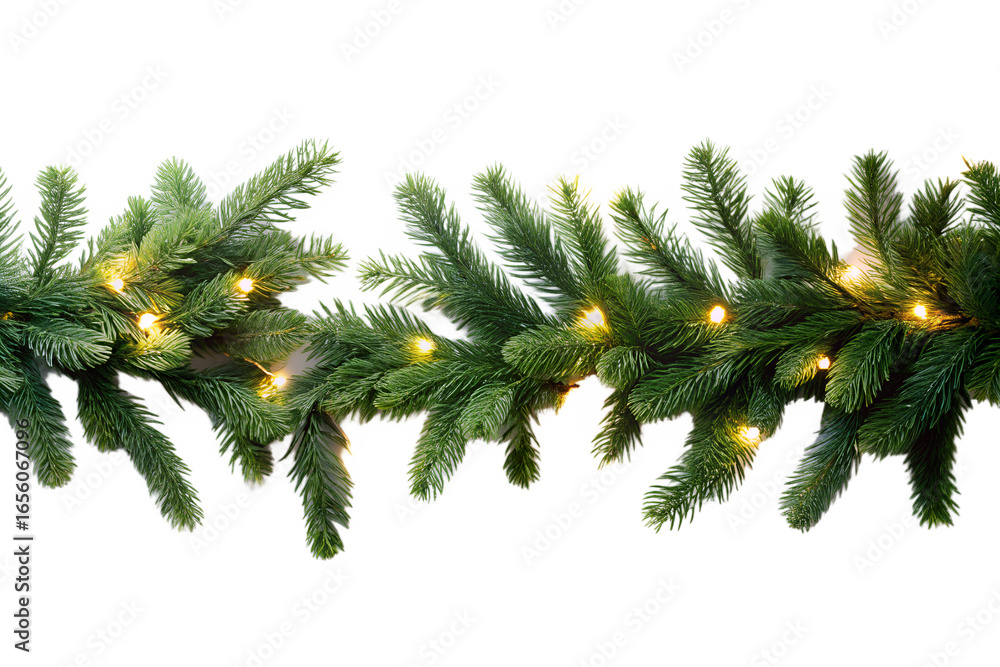 Fototapeta premium Photo of closeup of a christmas evergreen garland with warm yellow fairy lights twinkling, isolated on transparent background