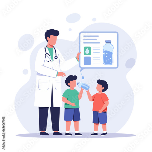 A doctor explains hydration to two children, illustrating water intake guidelines with visual aids.