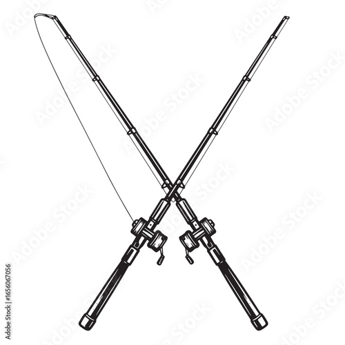 Crossed fishing rods in detailed black and white illustration for angling designs