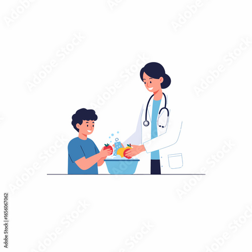A doctor helps a boy wash fruits in a blue bowl, promoting healthy habits and hygiene.