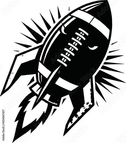 A black and white graphic illustration of an American football shaped like a rocket, launching with flames and a burst effect.